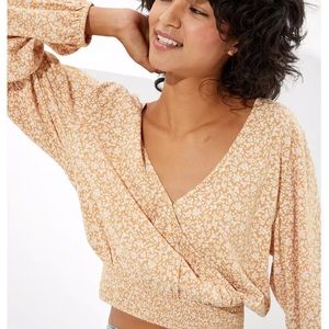 SALE AE floral yellow long sleeve wrap top